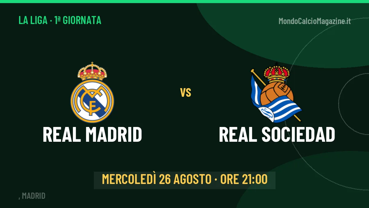 Real Madrid-Real Sociedad (mer 26/08 ore 21:00): probabili formazioni, statistiche e quote