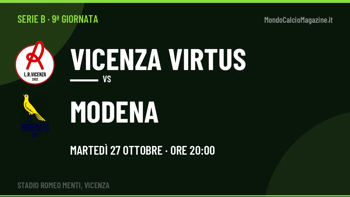 Vicenza Virtus-Modena Serie B 9ª giornata: orario, TV, streaming e probabili formazioni